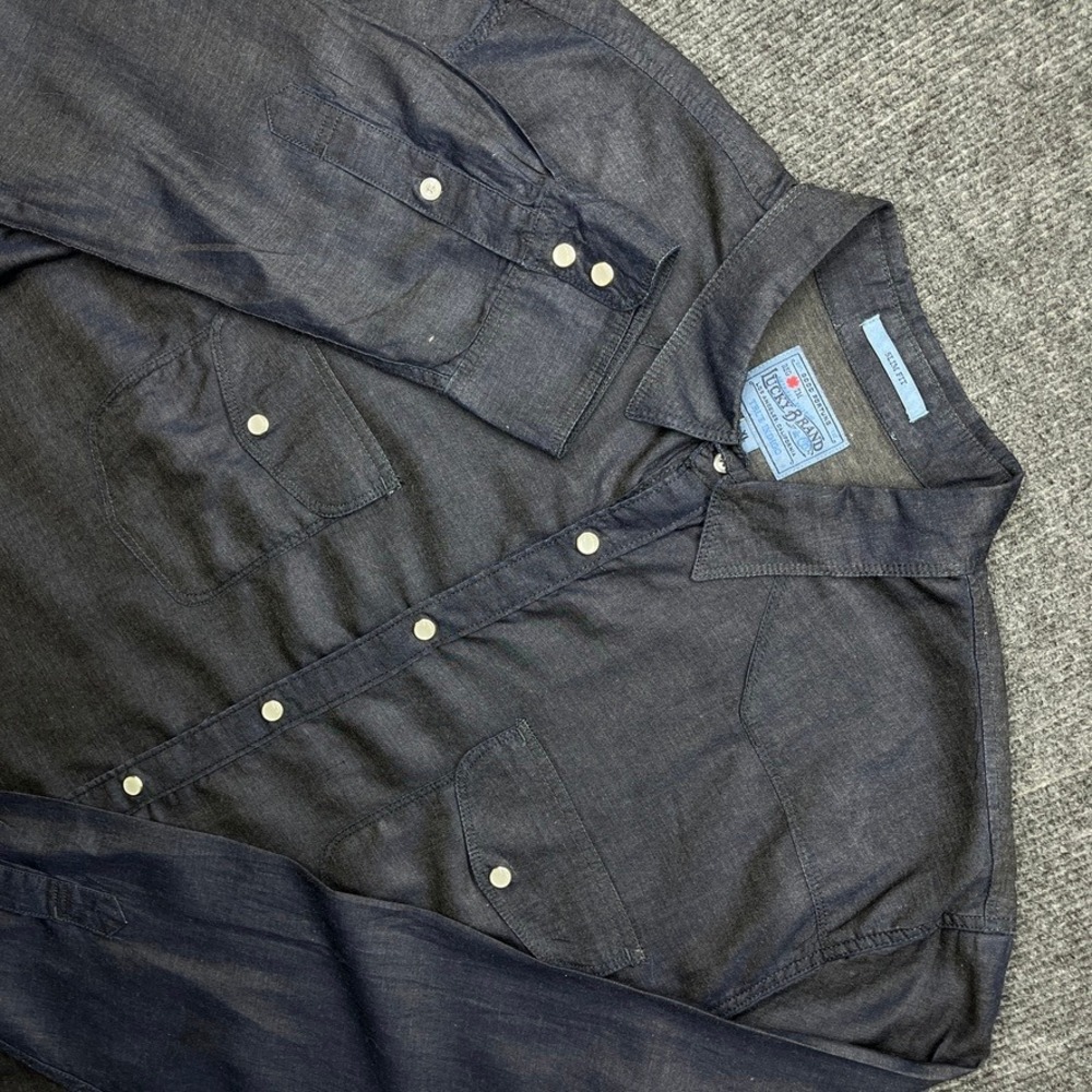 Lucky Brand Mens Western Snap Shirt XL Dark Indigo Slim Fit Long Sleeve Y2K